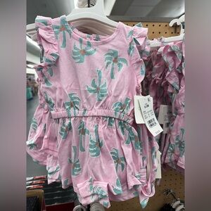 Pink Palm Tree Baby Romper with streatchable headband
